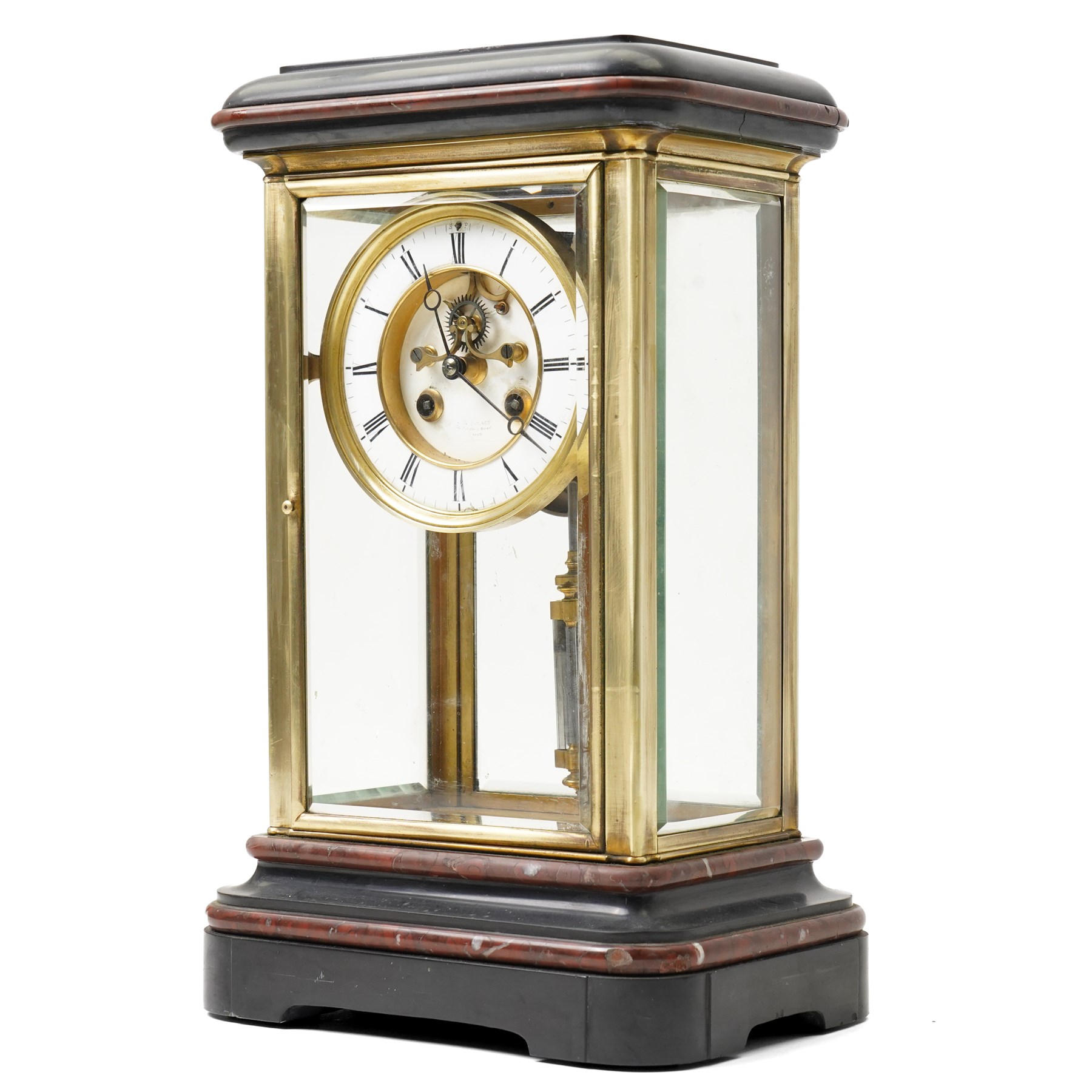 19th century four glass mantel clock with white enamel dial inscribed J W Benson, Old Bond Street, London with bell strike and mercury pendulum in brass and marble case H40cm
