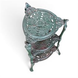Ornate cast iron three tier garden plant or pan stand, green painted finish