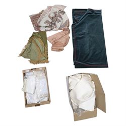 Large collection of linens, including tablecloths, placemats, bedding etc, contents in two...