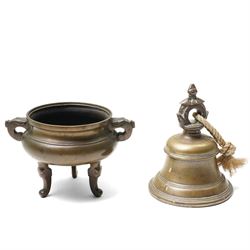 19th century Chinese bronze censer with loop handles and on shaped supports D13cm and an A...