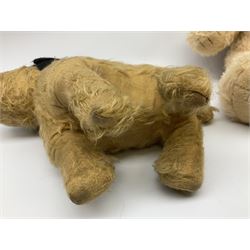 Mid-20th century English plush covered woodwool filled dog with vertically stitched nose and mouth L39cm; and Wendy Boston plush covered teddy bear, the fixed head with applied eyes and vertically stitched nose and mouth H63cm (2)