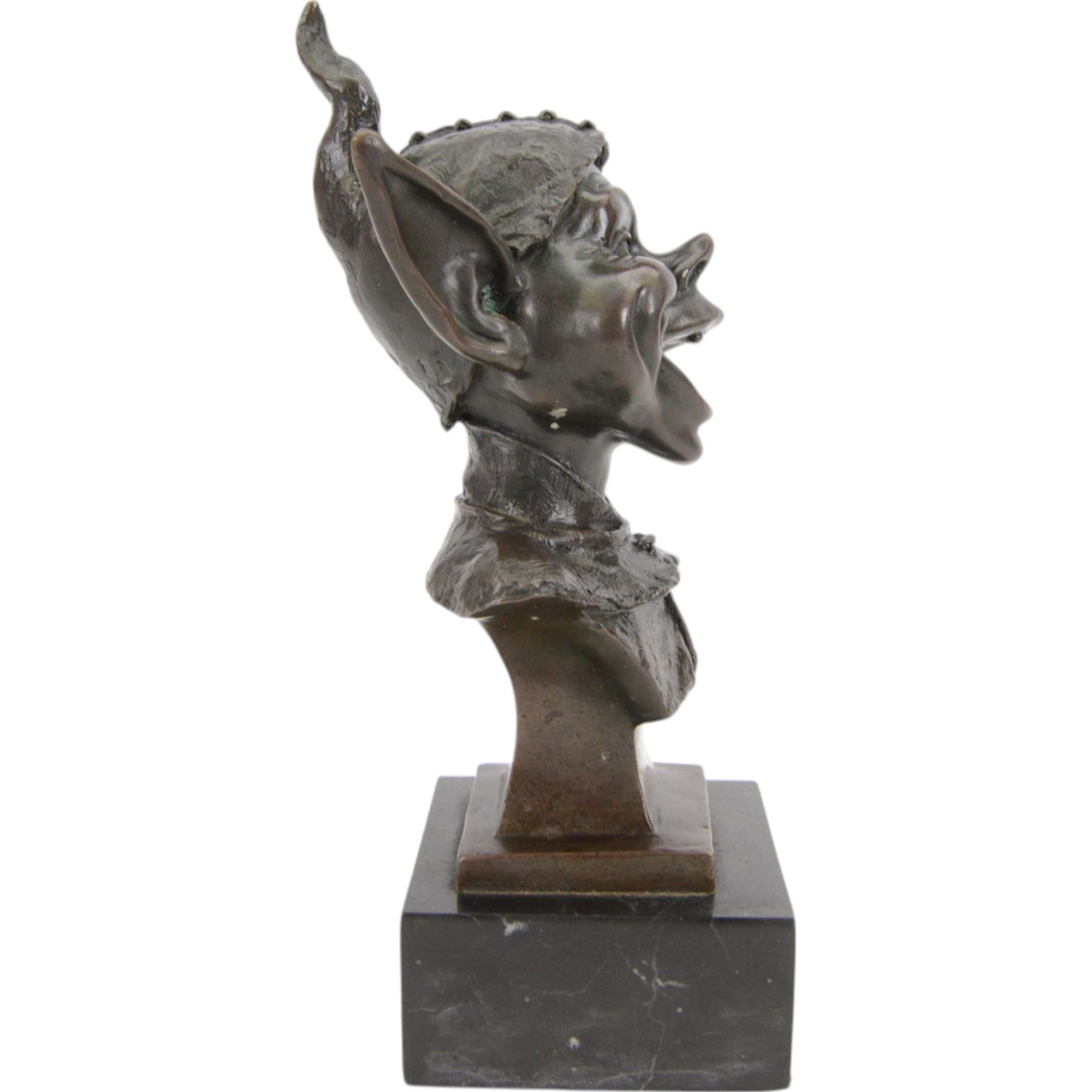 Modern bronze bust of a goblin upon a square black marble base, signed Juno, H28cm