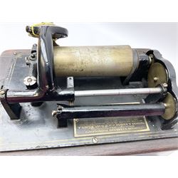 Edison Standard Phonograph with oak base (no cover), the reproducer marked 'Model C', serial no. 634857, last patent date Oct.1905, with black japanned conical horn L33cm; together with five cylinders