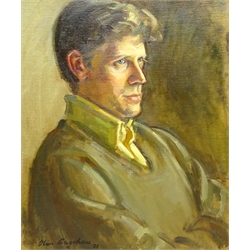 Olive Bagshaw (Northern British fl.1965-1978): Half length Portrait of a Young Man, oil on canvas laid on board signed and dated '78, 59cm x 44cm Provenance: from the Artist's Studio Sale. Miss Bagshaw who was born in Salford, received her formal art training at Salford and Manchester Art School. Her work has been regularly accepted at the Royal Society of Portrait Painters, the Royal Academy and Federation of British Artists (Information from a 1970's Monks Hall Museum and Gallery exhibition catalogue)  DDS - Artist's resale rights may apply to this lot  