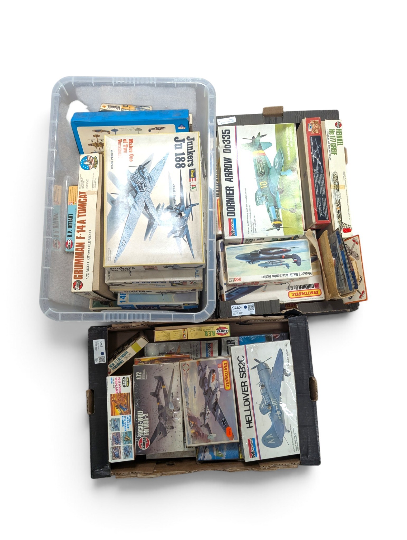 Collection of aeroplane model kits in three boxes, including Revell, Monogram, Airfix, etc