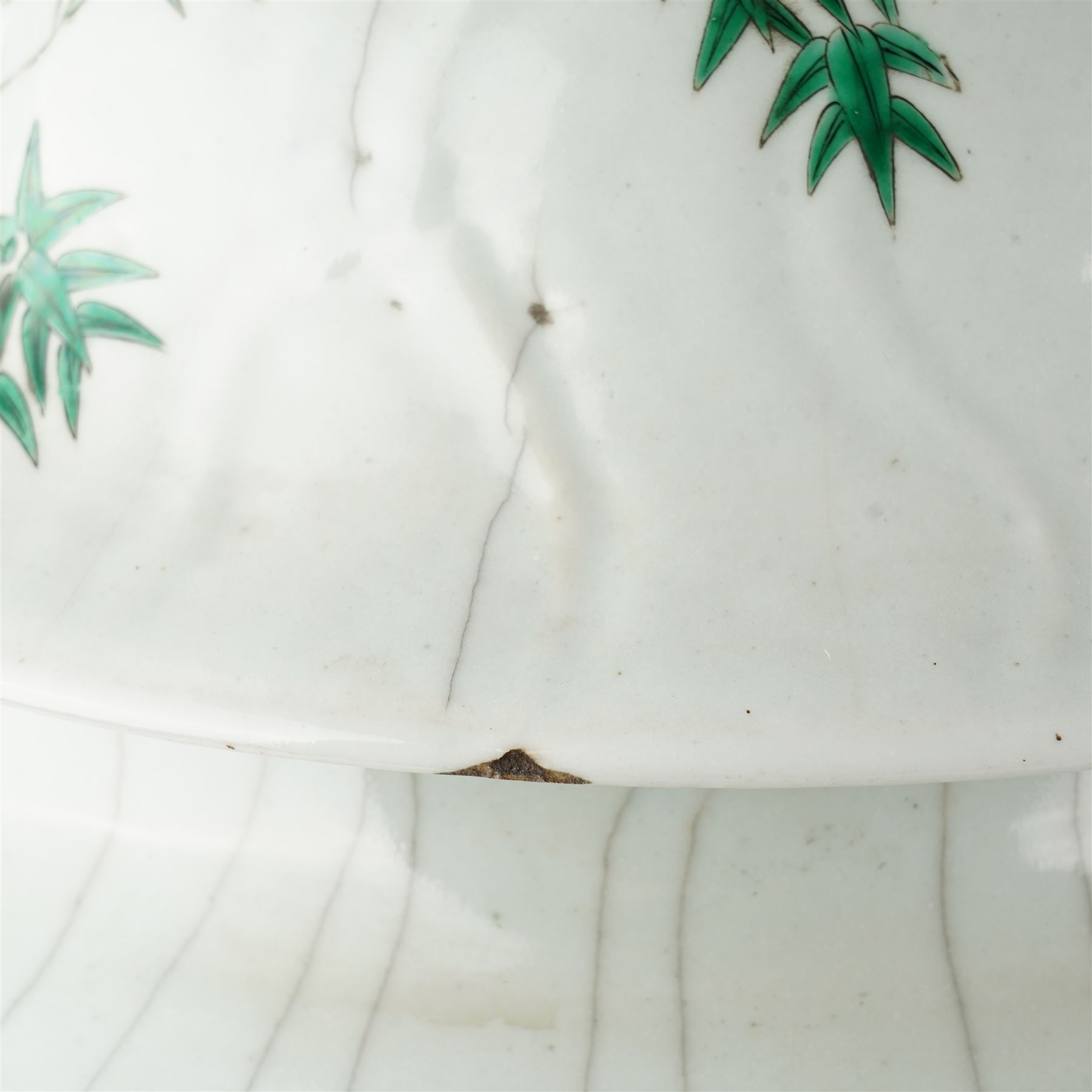 Late 19th century Chinese famille verte crackled ice pot and cover, of ovoid form, decorated with birds, blossom and bamboo, the cover with handle formed as a root, with hardwood display stand H50cm