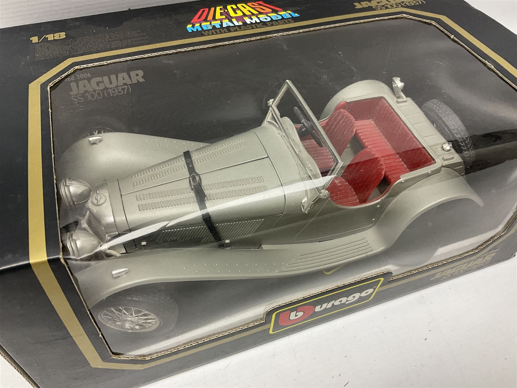 Bburago - seven 1:18/1:20 scale die-cast models comprising Jaguar SS100 (1937), Alfa Romeo 8C 2300 Monza (1931), Alfa Romeo 2300 Spider (1932), Ferrari Testarossa (1984), Bugatti Type 59 (1934), Mercedes Benz 500K Roadster (1936) and Ferrari 250 Testa Rossa (1957); all boxed (7)