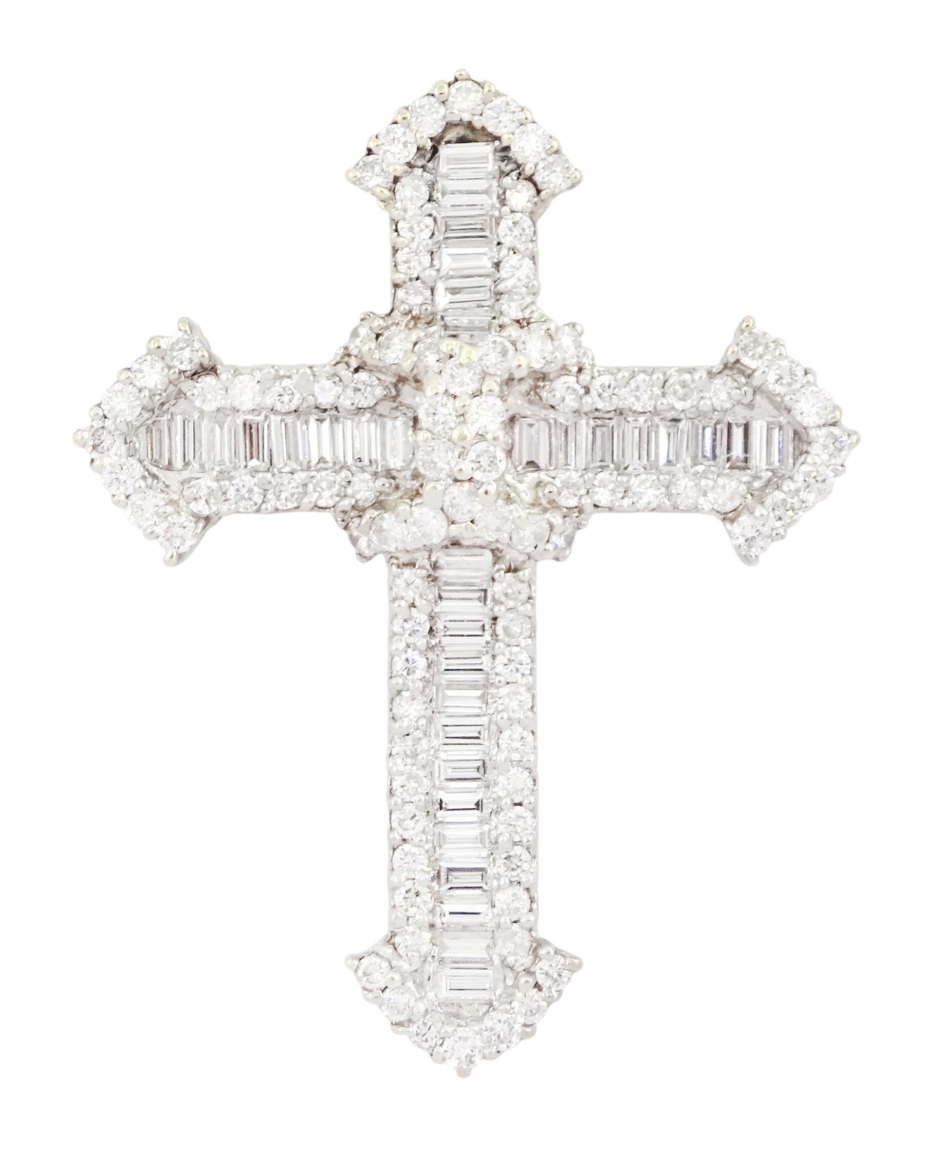 18ct white gold round brilliant cut and baguette cut diamond cross pendant, hallmarked, total diamond weight approx 1.80 carat