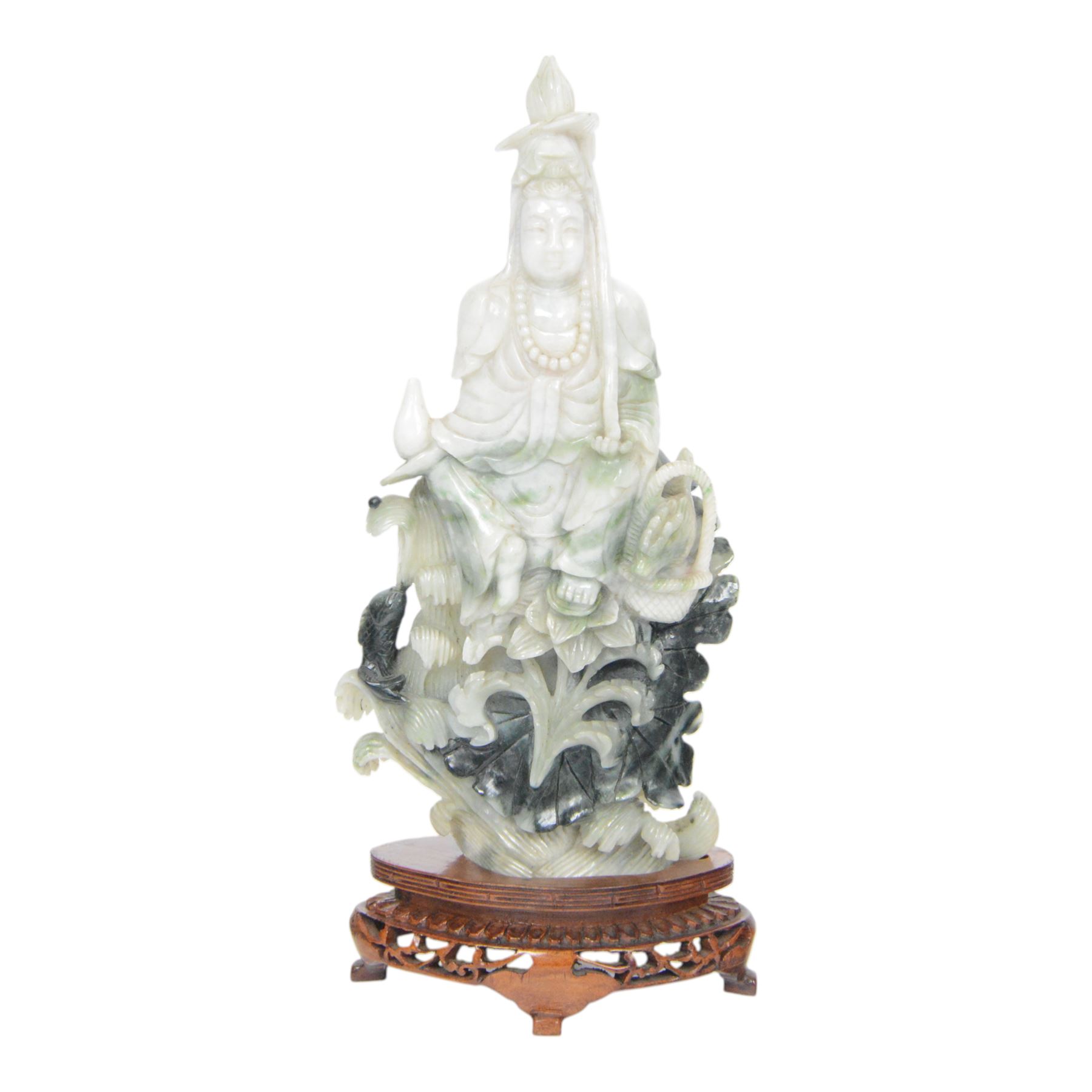 Chinese carved hardstone figure of Guanyin on wooden base, H31cm