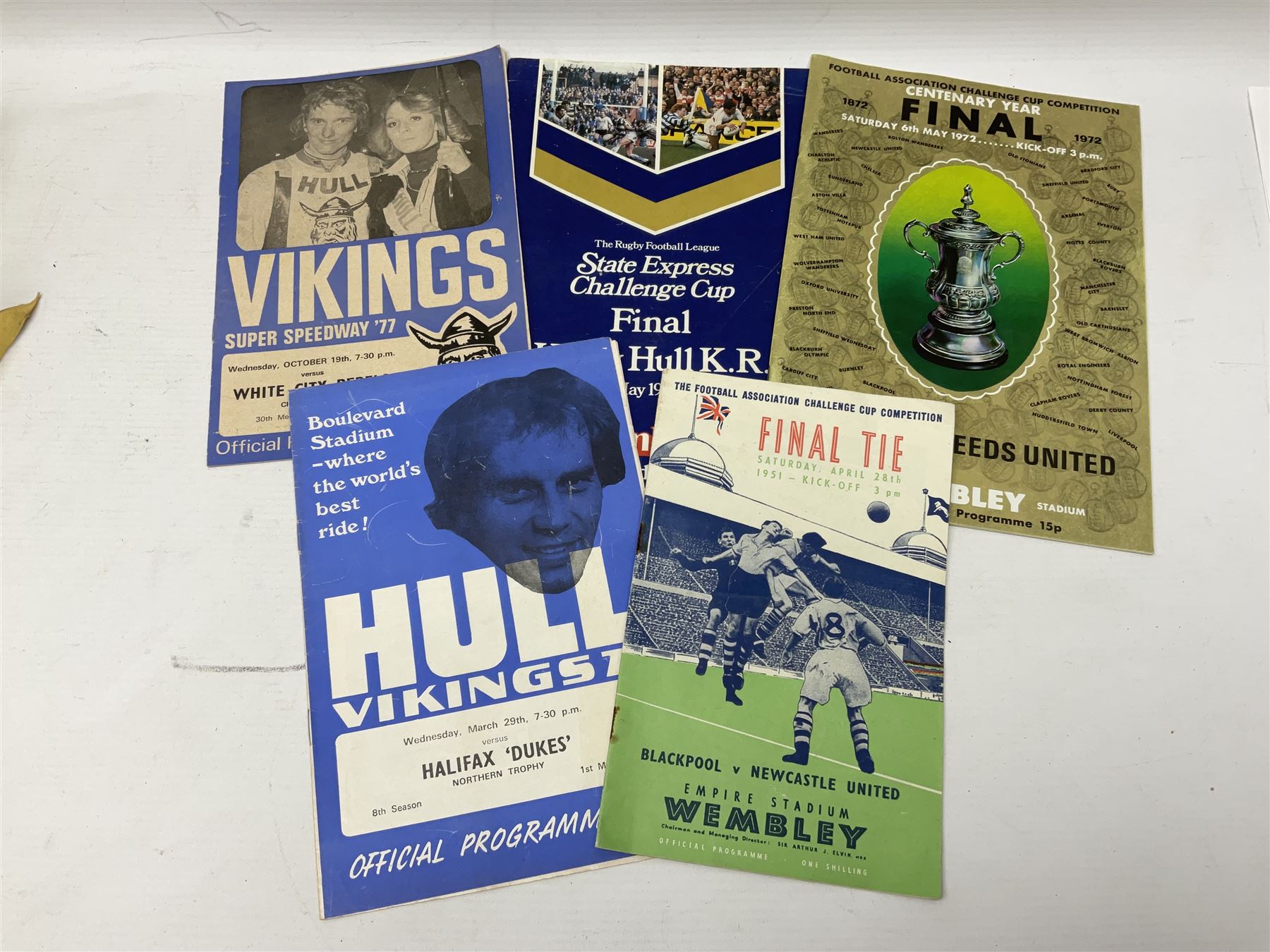 1951 FA Cup final Blackpool V Newcastle United programme, together with a collection of other sporting programmes, mostly Speedway official examples, and a football rattle.