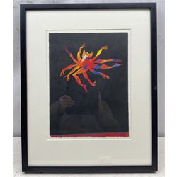 Phil Redford (British 1943-): 'Sun Singer', acrylic on canvas unsigned, titled and dated 1994 verso, 43cm x 71cm; 'Firebird', mixed media unsigned, titled and dated 1991 verso 33cm x 25cm (2)