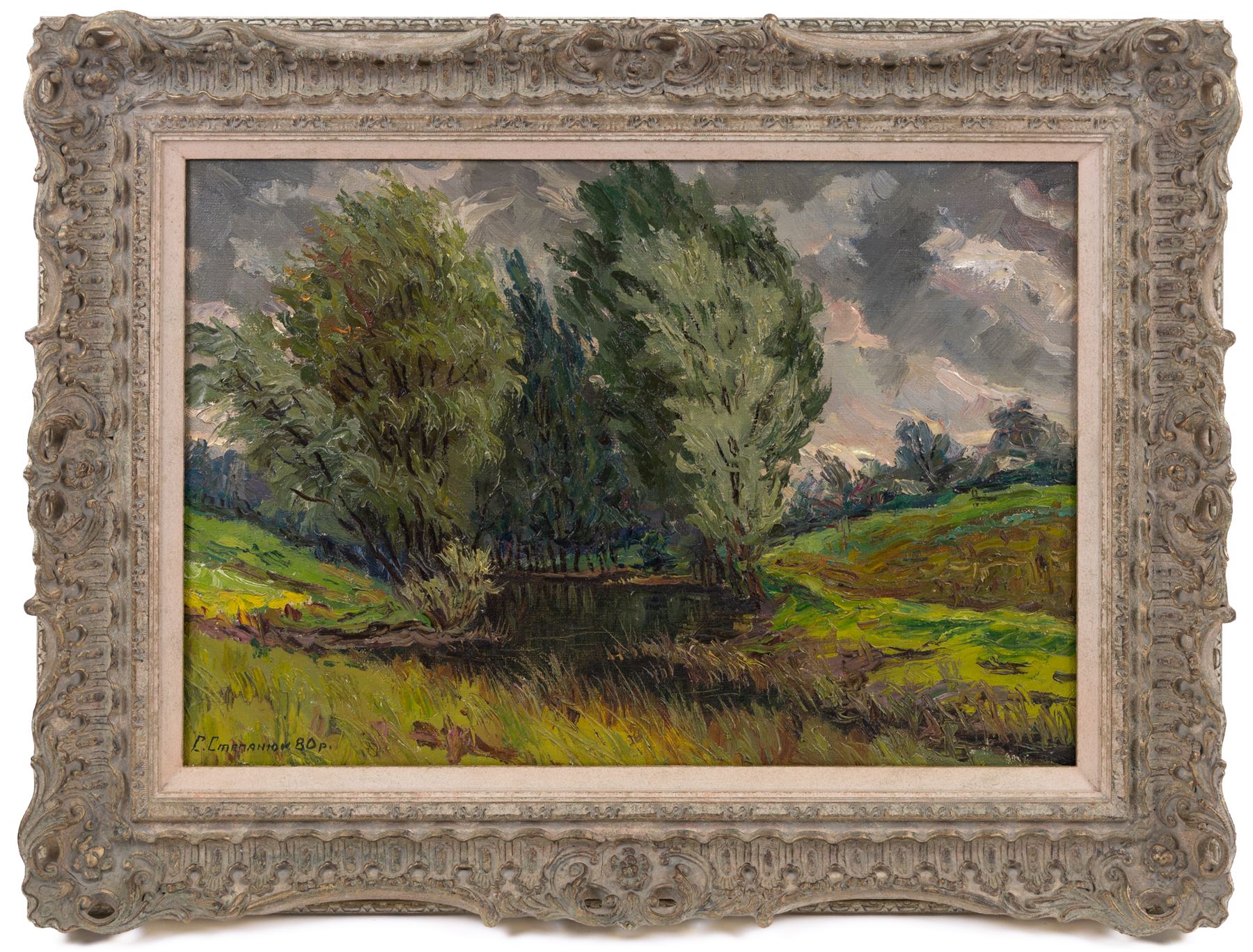 Russian School (20th Century): Stormy Day, oil on canvas indistinctly signed possibly Sergei?, dated 1980, titled and further inscribed verso 36cm x 53cm 