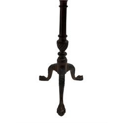 Georgian design mahogany tripod table, pie-crust moulded circular top, raised on turned and fluted column with twist baluster, on out-splayed ball and claw carved feet with acanthus carved knees