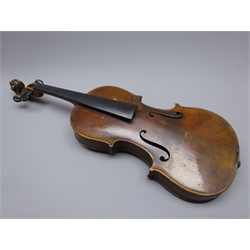  Late 19th century German violin with 36cm two-piece maple back and ribs and spruce top, bears label 'Moravos Maker, Cremoniae Italy, 1732(?)', L58.5cm overall, in carrying case with bow  