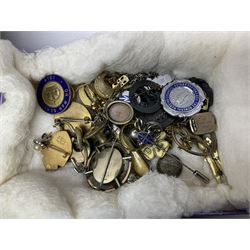 Two compact mirrors, ladies Rotary wristwatch and a collection of Victorian and later costume jewellery, including brooches, earrings, enamel badges and other collectables