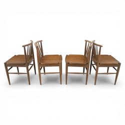 Ensign - Mid-20th century elm extending dining table, with fold out leaf, bow ends and sides; and four low stick back chairs, labelled Ensign Bristow & Townsend Ltd, extended 168cm