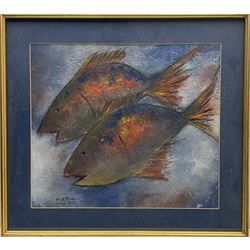 G M Buana (Balinese 20th century): 'Ubud Bali' Fish, mixed media signed and titled 36cm x 42cm