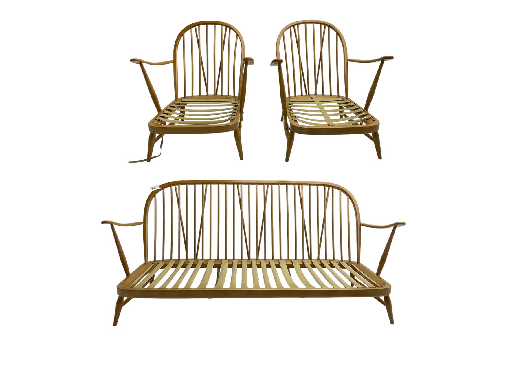 Ercol - 'Windsor' three seat settee (W175cm, H77cm); and pair ercol 'Windsor' easy armchairs (W70cm, H77cm), (no cushions, frames only)
