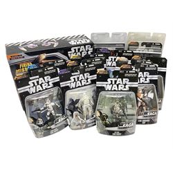 Star Wars - The Saga Collection - Mace Windu's Jedi Starfighter; boxed; and twelve carded figures comprising Biker Scout, General Grievous, At-At Driver, Clone Trooper Sergeant, various other Clone Troopers and Commander Cody, Snowtrooper and Scorch Republic Commander; all in unopened blister packs (13)