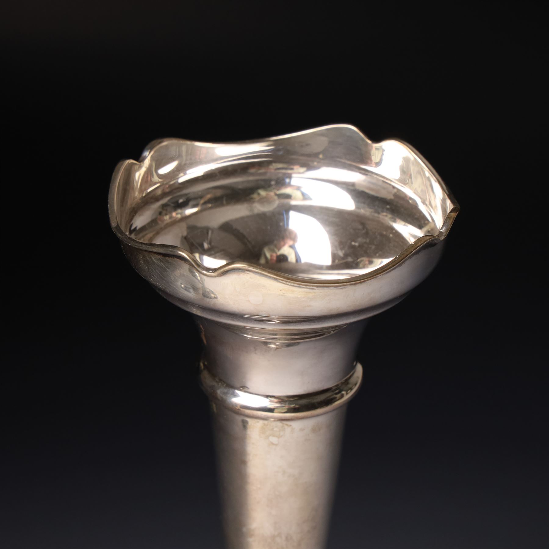 Pair of silver trumpet shape vases with pierced rims H18cm Sheffield 1910 Maker James Deakin & Sons and one other vase H21cm Birmingham 1967