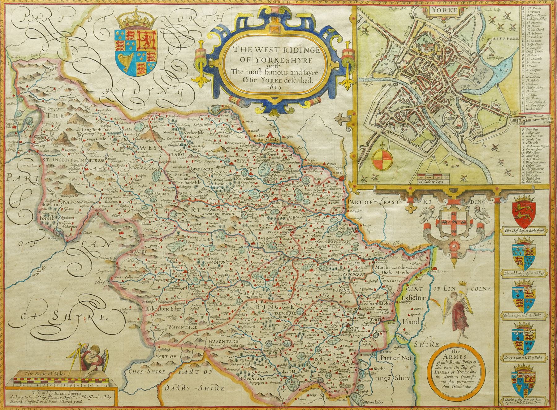 John Speed (British 1552-1629): 'The West Ridinge of Yorkeshyre' - West Yorkshire, 17th century engraved map with later hand-colouring and inset city map of York with surrounding armorials pub. by Thomas Bassett & Richard Chiswell c.1676-1695, 39cm x 52cm
