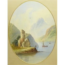 English School (19th century): Mountain lake scene, oval watercolour unsigned 39cm x 29cm in period oak frame