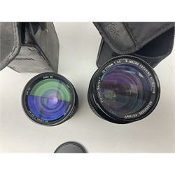 Collection of camera bodies and lenses, to include Olympus OM-1 camera body, serial no 106567, with 'Olympus OM-System F.Zuiko Auto-S 1:1.8 f=50mm' lens, serial no 135097,  Zenit-B camera body, serial no 71017867, with 'Helios-44-2 2/58' serial no 7500040, Voigtlander Vito B camera body, with 'Voigtlander Colour Skopar 1:2.8/50' lens, 'Olympus OM-System Zuiko Auto-Zoom 1:4 f=75-150mm' lens serial no 104321, 'Tamron SP 35-210mm 1:3.5-4.2' lens etc 