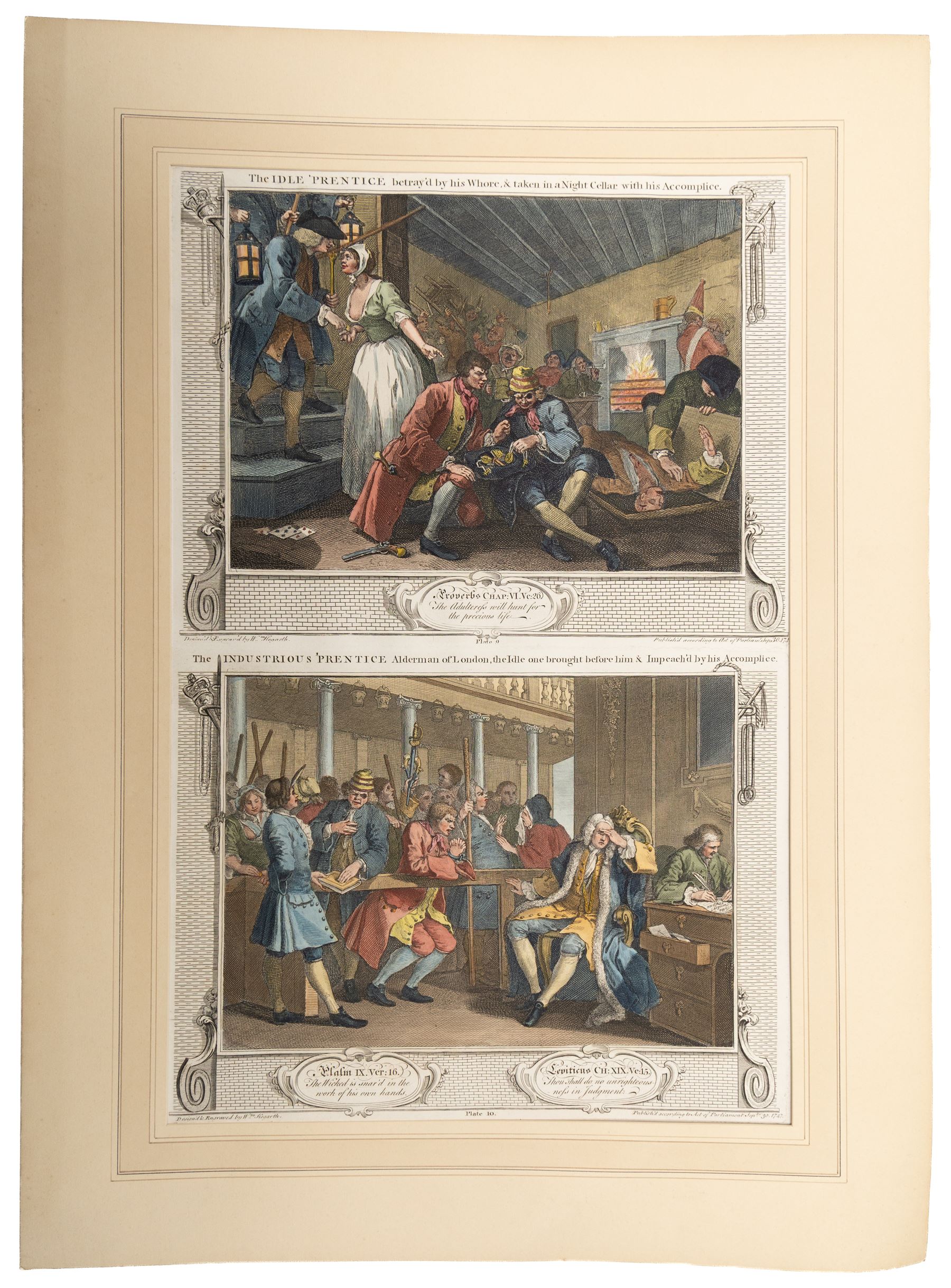 After William Hogarth (British 1697-1764): 'Industry and Idleness' series, complete set of twelve hand-coloured etchings individually titled and dated on the plate 1747, max 53cm x 35cm (7) (unframed)