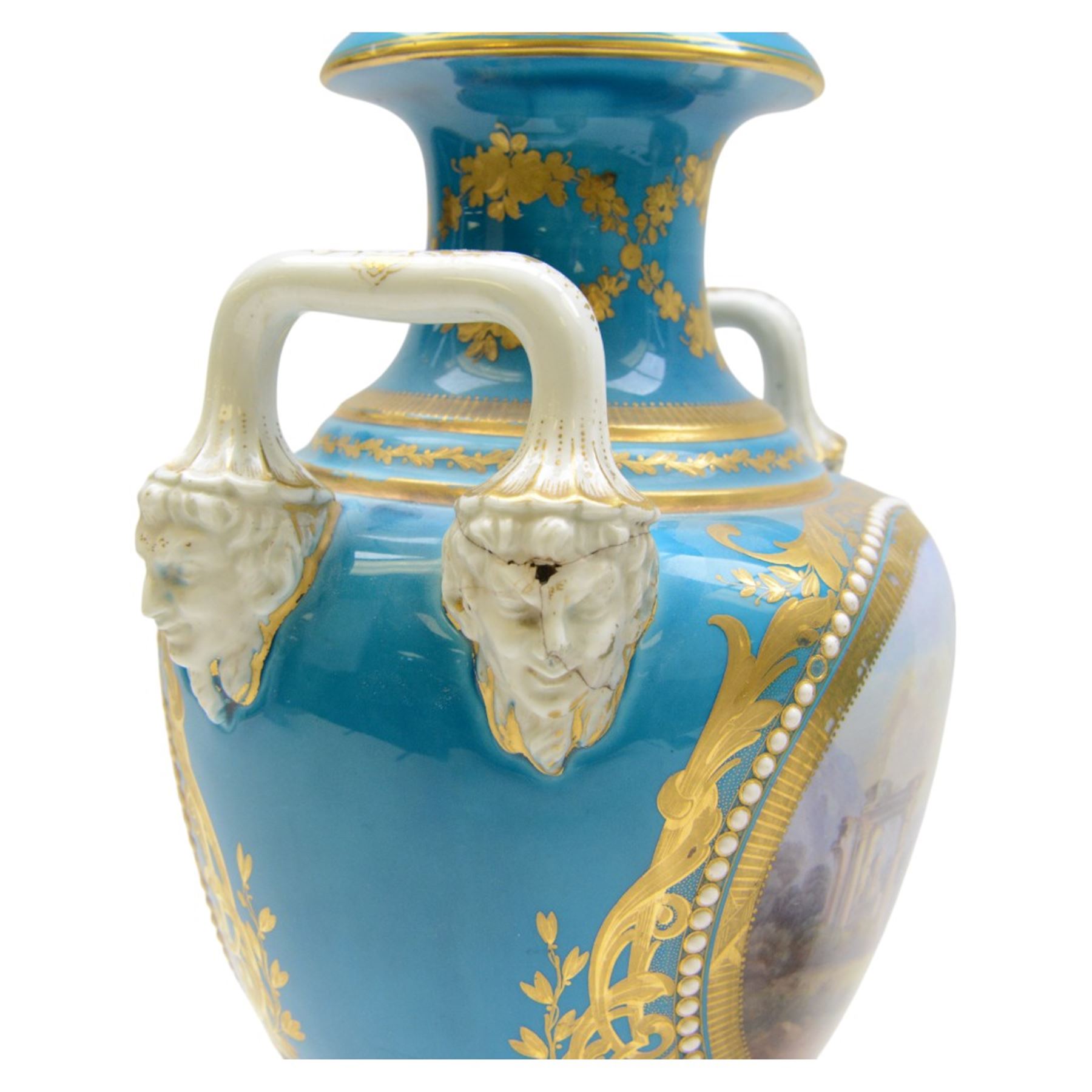 Pair of late 19th century Sevres style vases, each of urn shaped form with twin mask mounted raised handles, decorated with romantic figural and landscape panels within 'jewelled' and gilt foliate borders, with pseudo Sevres marks beneath, H35.5cm