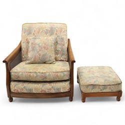 Ercol – bergère four piece suite, including armchair, two seat sofa, three seat sofa and footstool, all with removable floral upholstered cushions, the frames with side caning and rounded arm supports in stained beech

Three seat (H 87cm, D 89cm, W 196cm)
Two seat (H 87cm, D 89cm, W 137cm)
Armchair (H 87cm, D 89cm, W 87cm)
Footstool (H 28cm, D 55cm, W 55cm)