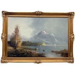 Karl Schmidbauer (Austrian 1921-1998): Mountainous Lake Landscape with Angler, oil on canvas signed 60cm x 90cm