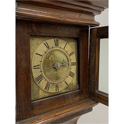 Small mid 18th century oak cottage longcase clock, projecting moulded cornice over square aperture enclosed by glazed door with column pilasters, narrow rectangular moulded trunk door, plank base with chamfered edge moulding, square brass Roman dial signed 'Rich Taylor, Wallingford' single hand 30-hour cage movement striking on bell, H176cm, dial size - 20.3cm x 20.6cm, hood aperture size - 20.5cm x 20.5cm