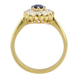 Early 20th century 18ct gold sapphire and old cut diamond cluster ring, total diamond weight approx 0.50 carat