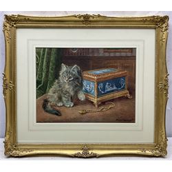 Wilson Hepple (British 1854-1937): Kitten with the Jewellery Box, watercolour signed and dated 1915, 27cm x 35cm