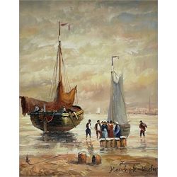 Hendrick Vader (Dutch 1928-1997): Figures and Boats on the Shoreline, oil on canvas signed 26cm x 20cm