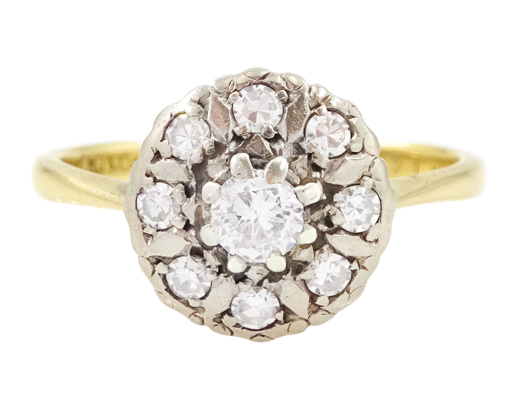 18ct gold diamond cluster ring, single round brilliant cut diamond surrounded by eight single cut diamonds, Birmingham 1962, total diamond weight approx 0.30 carat