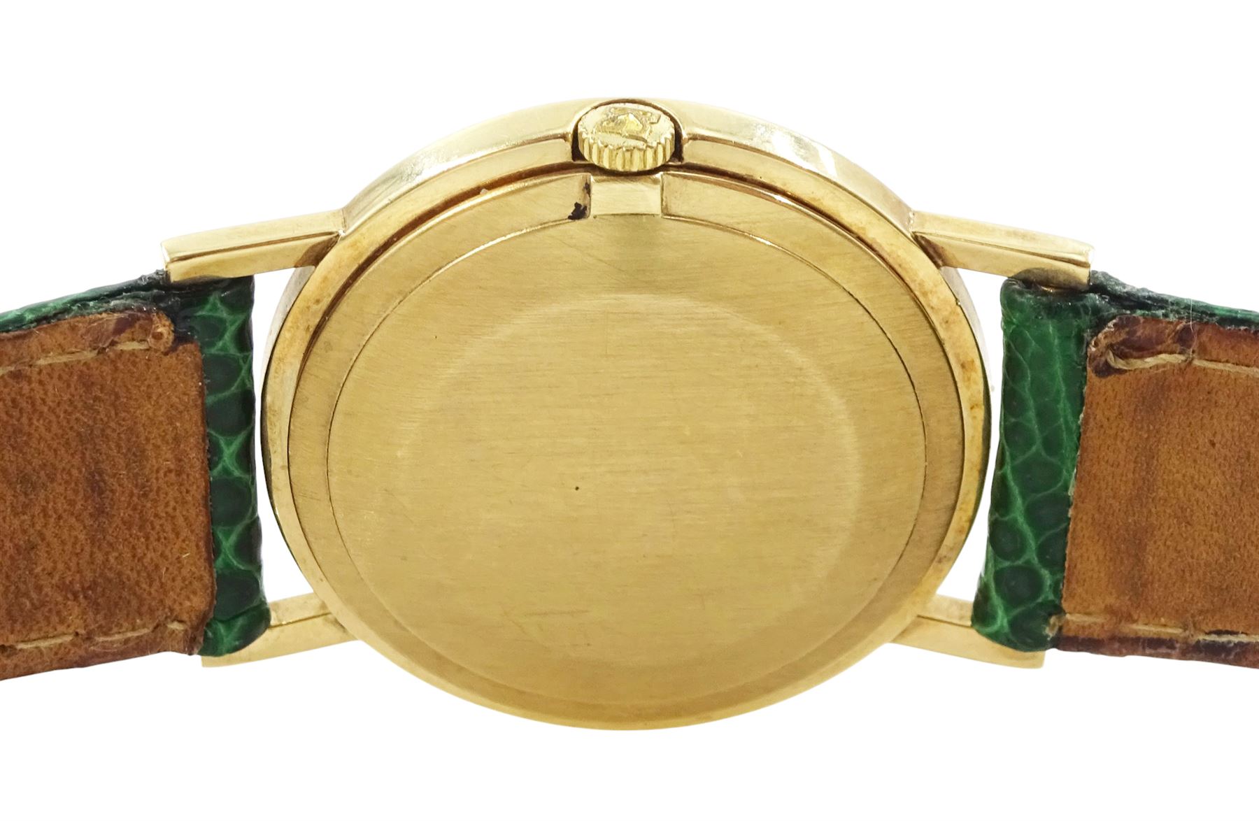 Bueche-Girod 9ct gold, manual wind wristwatch, white dial with Roman numeral hour markers, London 1977, on green leather strap