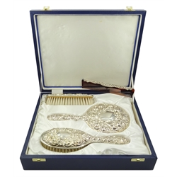  Four piece silver dressing table set, scroll decoration by W I Broadway & Co Birmingham 1998 cased  