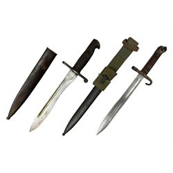Austrian Model 1895 carbine NCO's knife bayonet with 25cm fullered steel blade; in steel scabbard with webbing frog L39cm overall; and Spanish Model 1941 Bolo bayonet with 25cm fullered steel blade No.6412D; in steel scabbard (2)