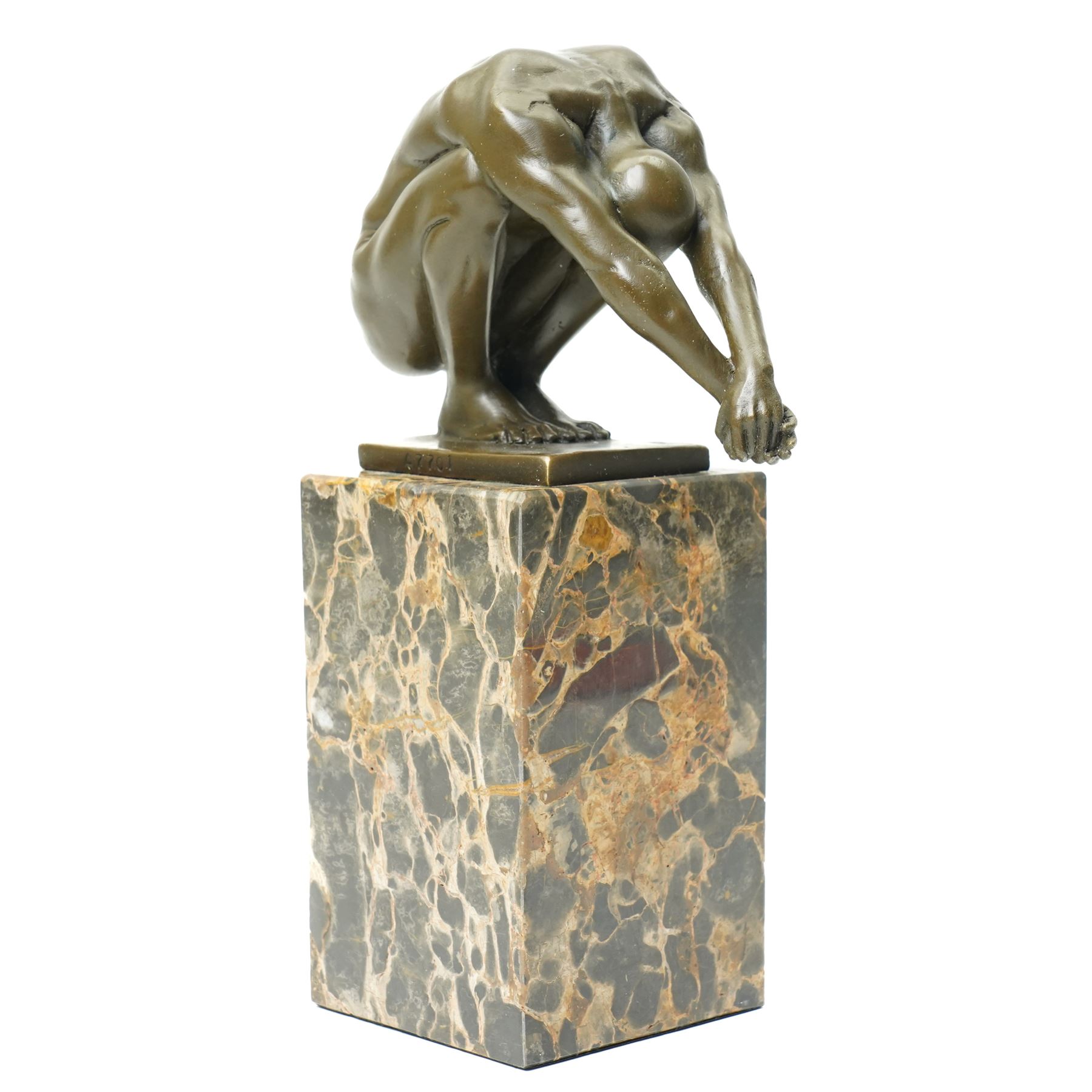 After Milo - bronze figure of a diver, upon a two tone marble base, bearing signature and foundry mark, overall H23cm
