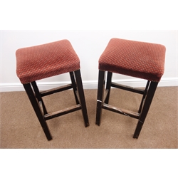  Pair 20th century black painted beech bar/pub stool with upholstered seats, H78cm  