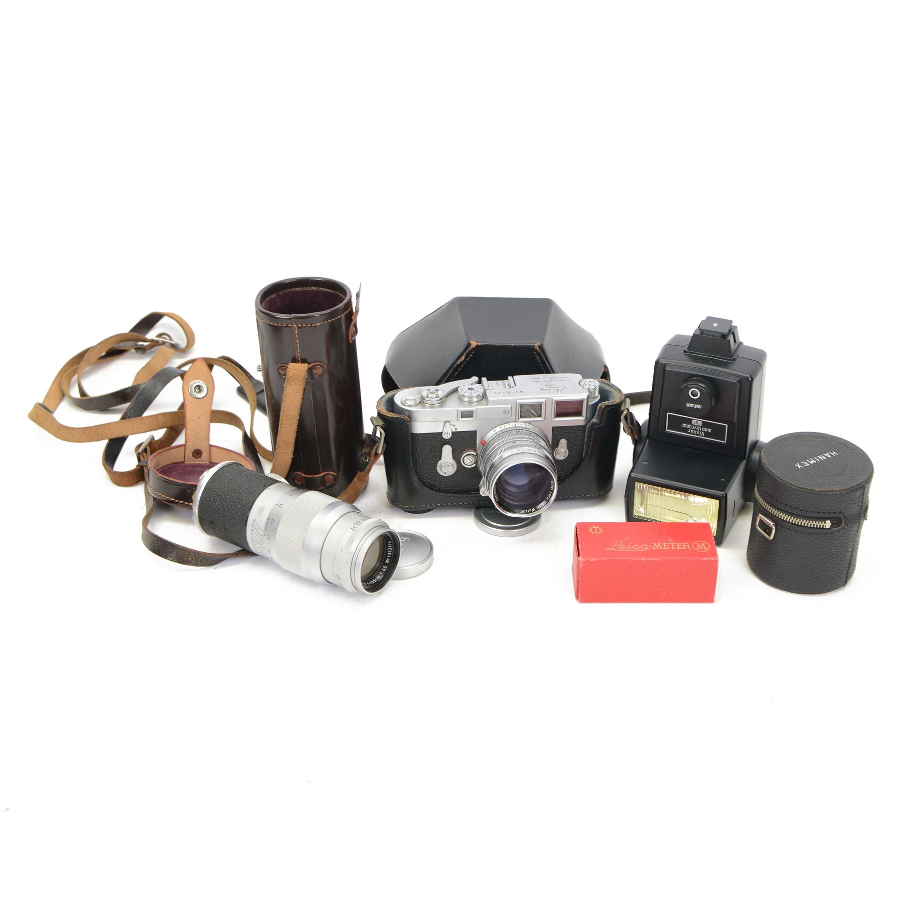 Leica M3 rangefinder camera body serial no. 837014 in Leitz case, with two Ernst Leitz GmbH Wetzlar lenses, comprising a Summarit f=5cm 1:15 lens serial no. 1515167 and a Hektor f=13.5cm 1:4.5 serial no. 1313114, both with lens covers, a Leica Meter in original box and other accessories all in carry case