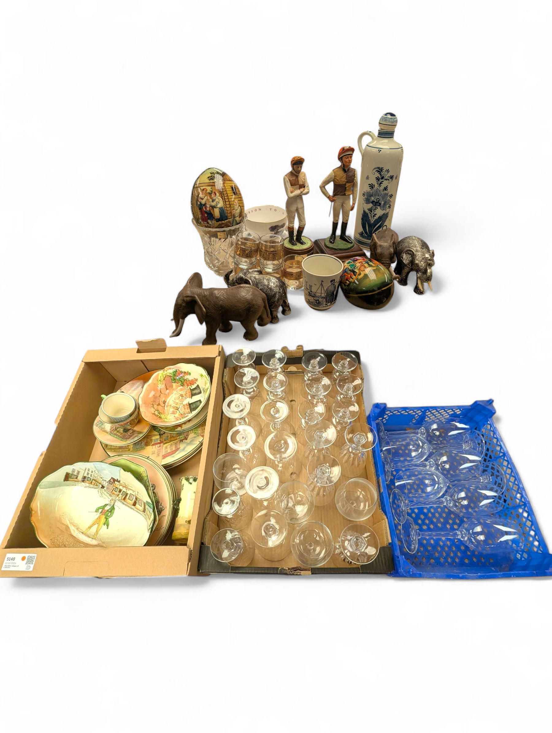 Collection of Royal Doulton Dickensian Ware ceramics, including chargers, teacups and saucers, bowls etc together with a quantity of drinking glasses, lacquered eggs, etc