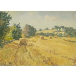 Alan Stenhouse Gourley PROI (Scottish 1909-1991): 'Harvest', oil on board signed, titled on artist's address label verso 25cm x 34cm