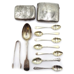  Two silver cigarette cases and various silver spoons approx 9.8oz  