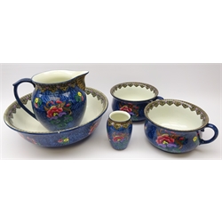  Five piece Losol Ware 'Magnolia' pattern toilet set comprising wash bowl and jug, two chamber pots and a small vase  