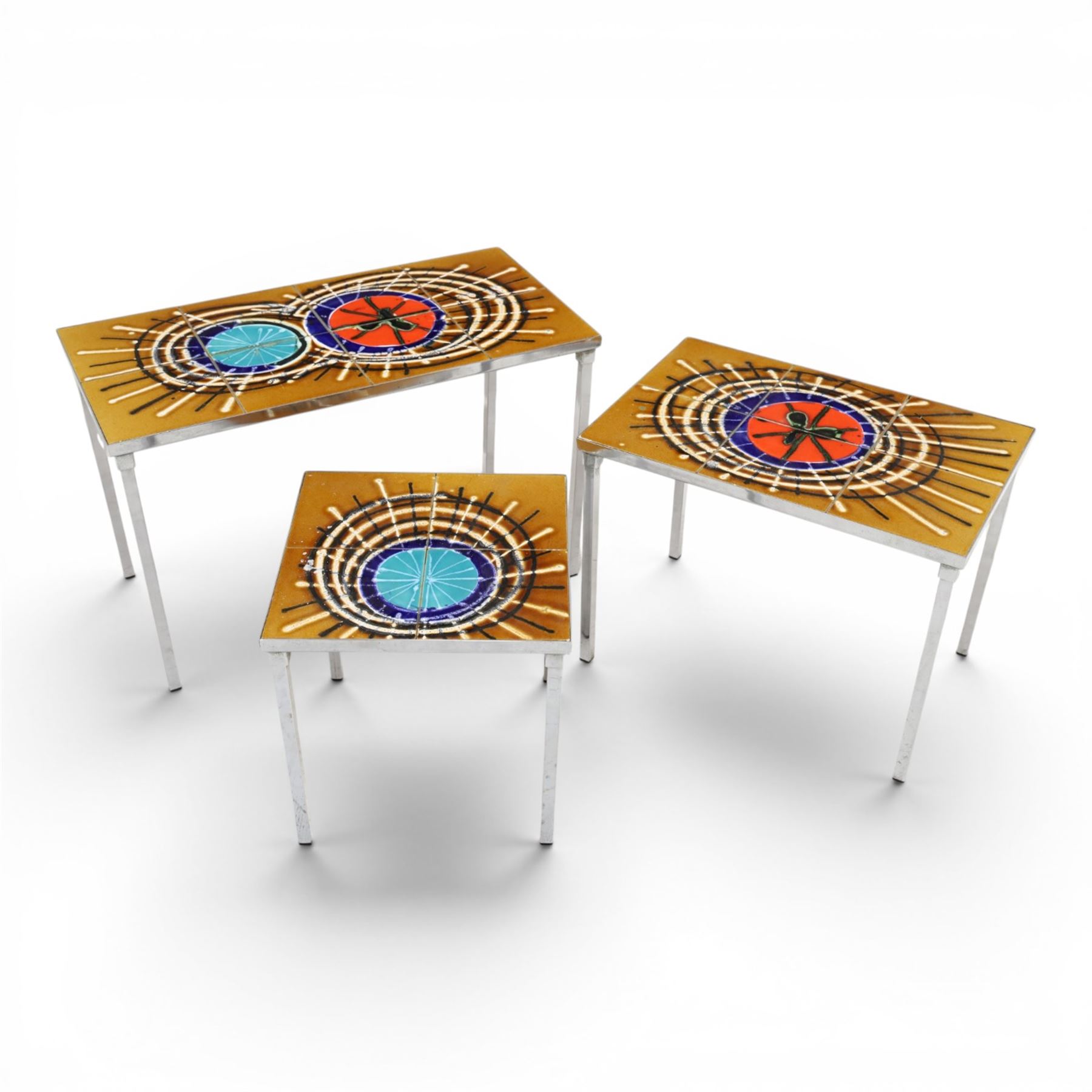 Juliette Belarti for Adri - 1960s-70s nest of three brutalist design tables, ceramic tiled tops, raised on a chrome frame 
