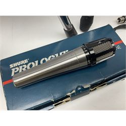 Shure SM58 Dynamic microphone; in original bag with paperwork; Shure Prologue 10H-LC Dynamic microphone; boxed; each with cable and tubular chrome adjustable stand (4)