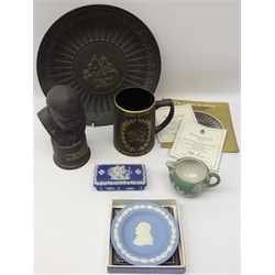  Wedgwood - limited edition black basalt bust of Winston Churchill modelled by Arnold Machin, with certificate, blue jasperware circular dish commemorating Churchill, boxed, limited edition black basalt plate 'The Infant Academy' with certificate, black basalt tankard for the Investiture of the Prince of Wales 1969 and two other pieces of jasperware (6)  