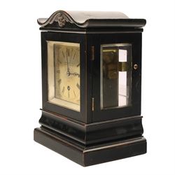 Early Victorian mantel clock, the brass dial inscribed Barraud and Lund, Cornhill, London, No 1543 with chain fusee, plain brass back plate in ebonised case with serpentine top H23cm